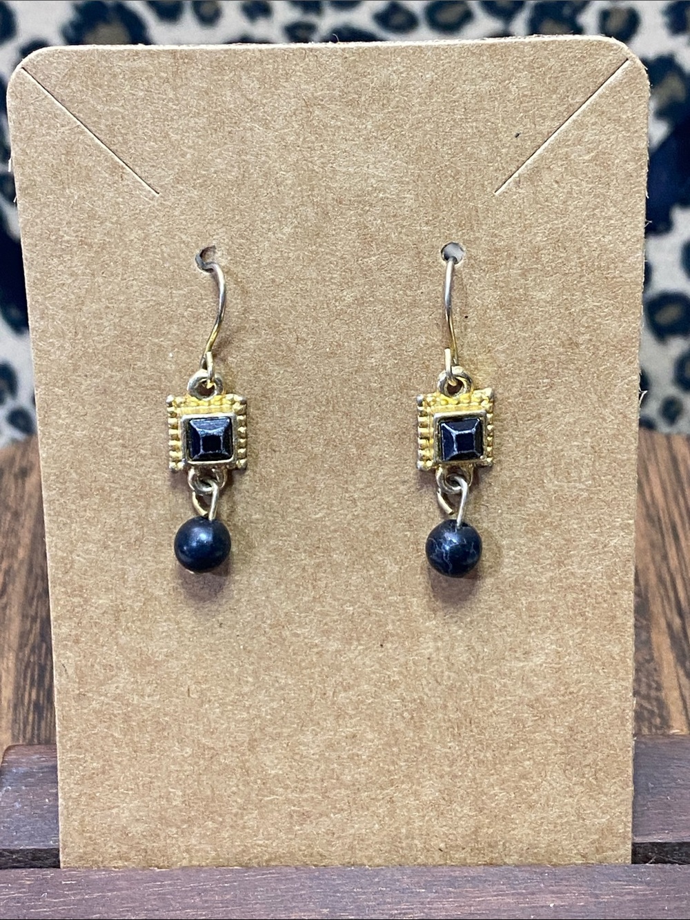 Gold-Tone Black Square & Bead Drop Earrings